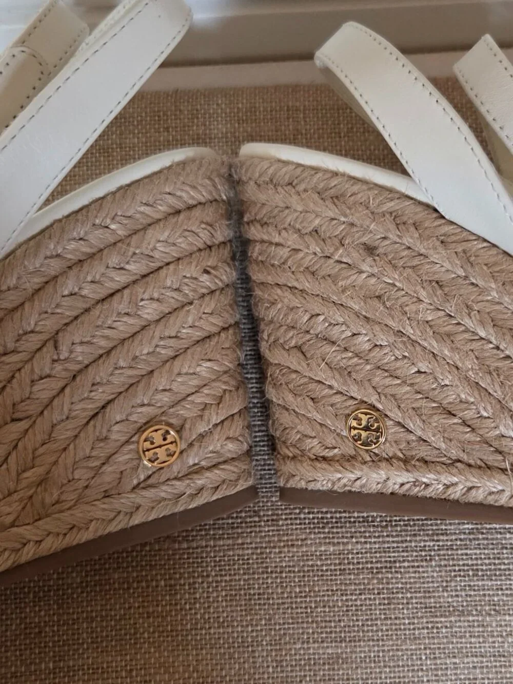Tory Burch Ivory Leather Espadrille Wedge Sandals
